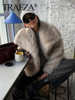 TRAF 2024 Women Fashion Cropped Faux Fur Jacket Coat Long Sleeve Front Snap-button Female Outerwear Chic Lapel Collar Thick Coat 3